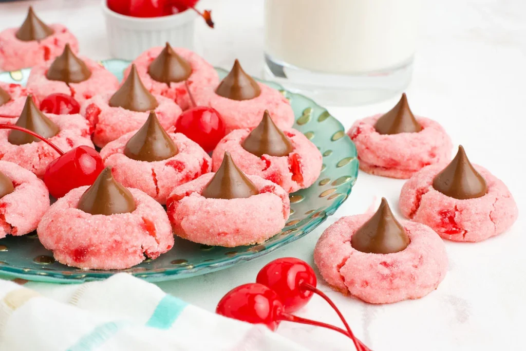 A plate of pink cookies topped with chocolate kisses is arranged next to cherries and a glass of milk.