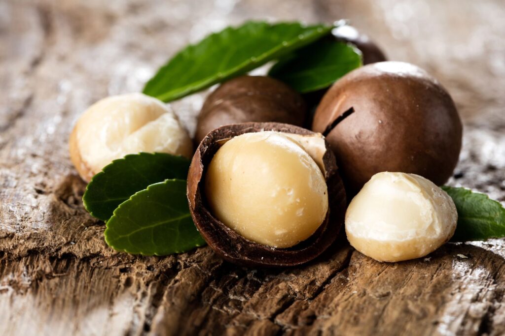 Macadamia nuts, both shelled and unshelled, with green leaves on a textured wooden surface.