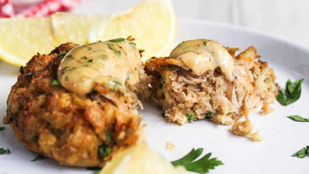 Close-up of a crab cake on a plate, topped with creamy sauce, partially cut to show the inside. Lemon wedges and parsley garnishes are nearby.