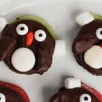 Chocolate penguin-shaped cookies with marshmallow eyes and beaks on a white plate.