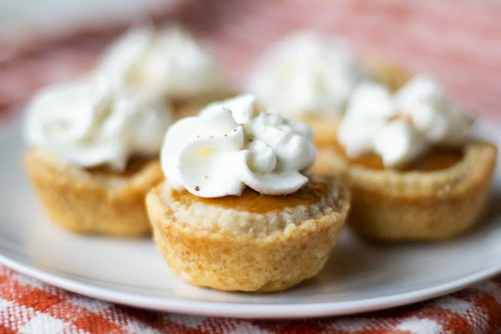 Mini tarts topped with whipped cream are arranged on a white plate over a red and white checkered cloth.