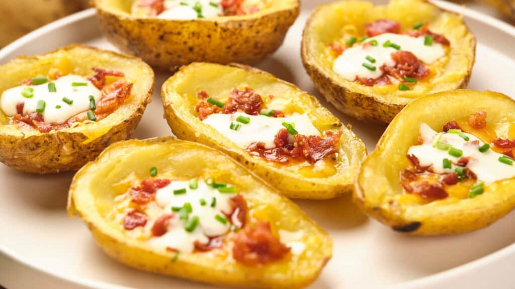 Plate of potato skins topped with sour cream, bacon bits, and chives.