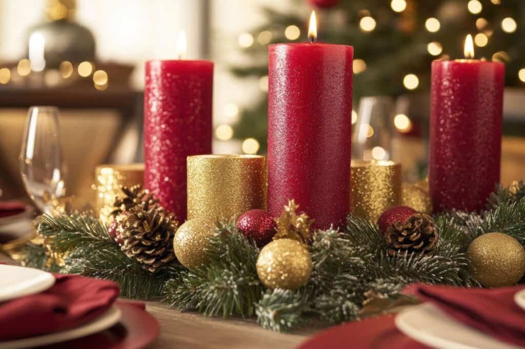 A festive table centerpiece featuring red and gold candles, pinecones, ornaments, and greenery creates a calming oasis against the holiday stress backdrop, with blurred lights and a Christmas tree adding to the serene ambiance.