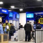 People wait in line at a Best Buy customer service and checkout area, juggling holiday returns. Bright blue signs and electronic displays are visible, adding to the buzzing post-festive atmosphere.