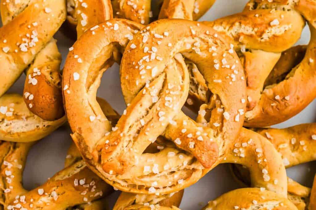 Close-up of a stack of salted pretzels.