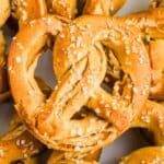 Close-up of a stack of salted pretzels.