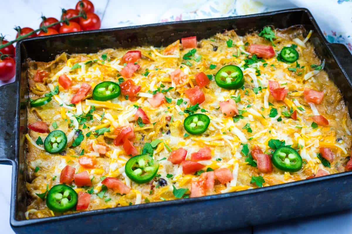 Mexican Chicken Casserole on a rectangular pan.