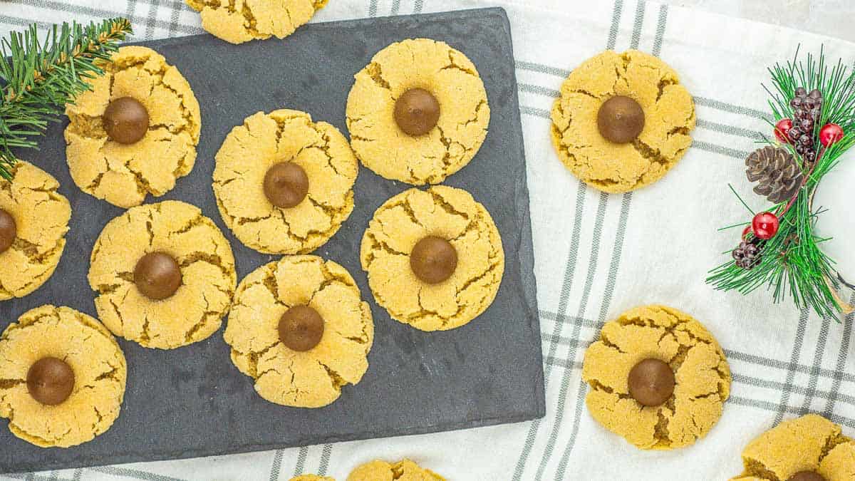 A close-up of several peanut butter blossom cookies, each topped with a chocolate Hershey's Kiss.