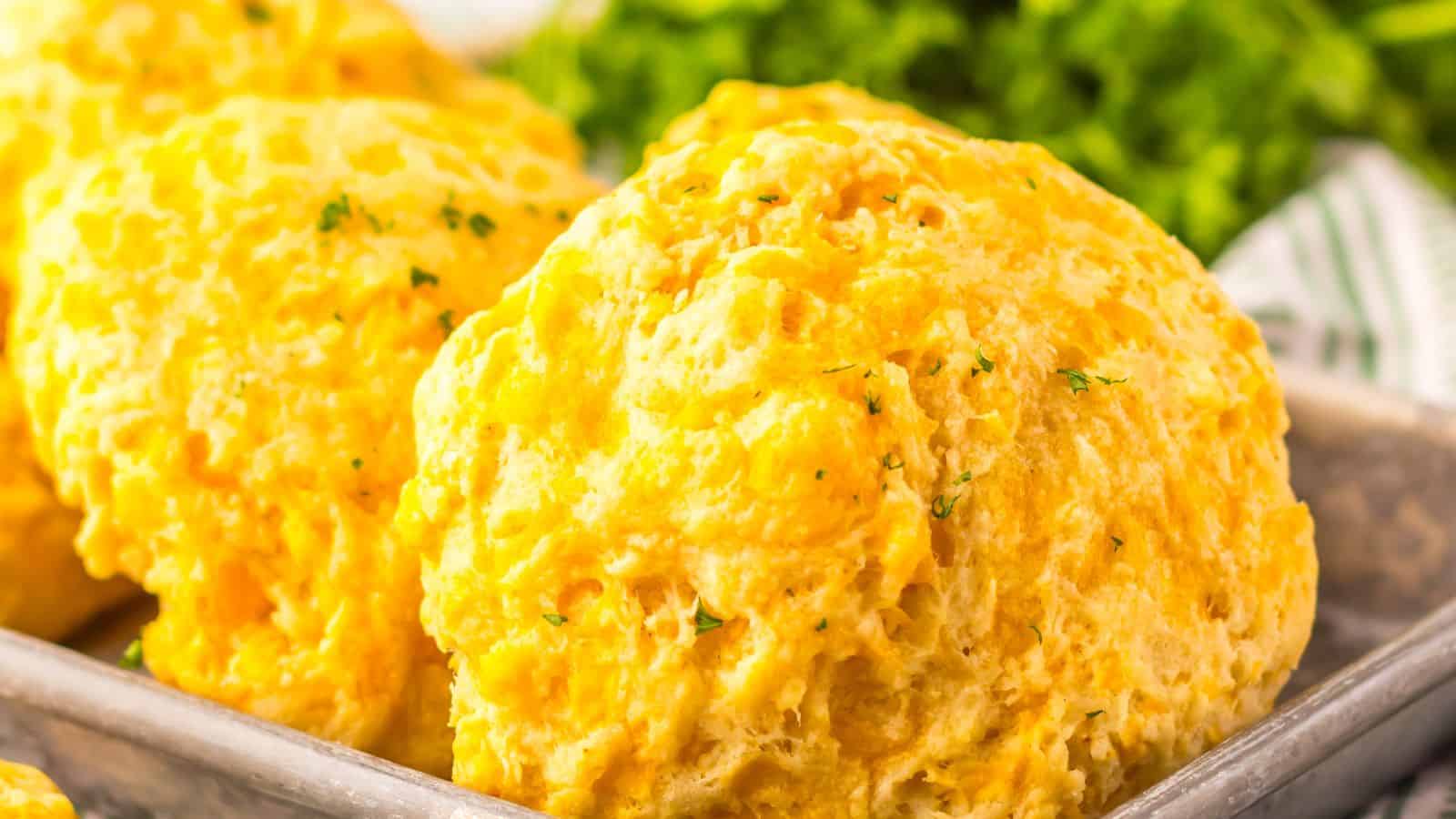 Close-up of fluffy cheddar biscuits topped with herbs on a metal tray, with leafy greens in the background.