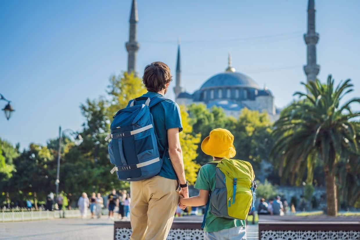 Two people with backpacks stand facing a large mosque with minarets, surrounded by palm trees and greenery on a sunny day.