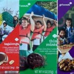 Three boxes of Girl Scout cookies: Tagalongs, Thin Mints, and Samoas. Each displays colorful images of children engaging in activities.