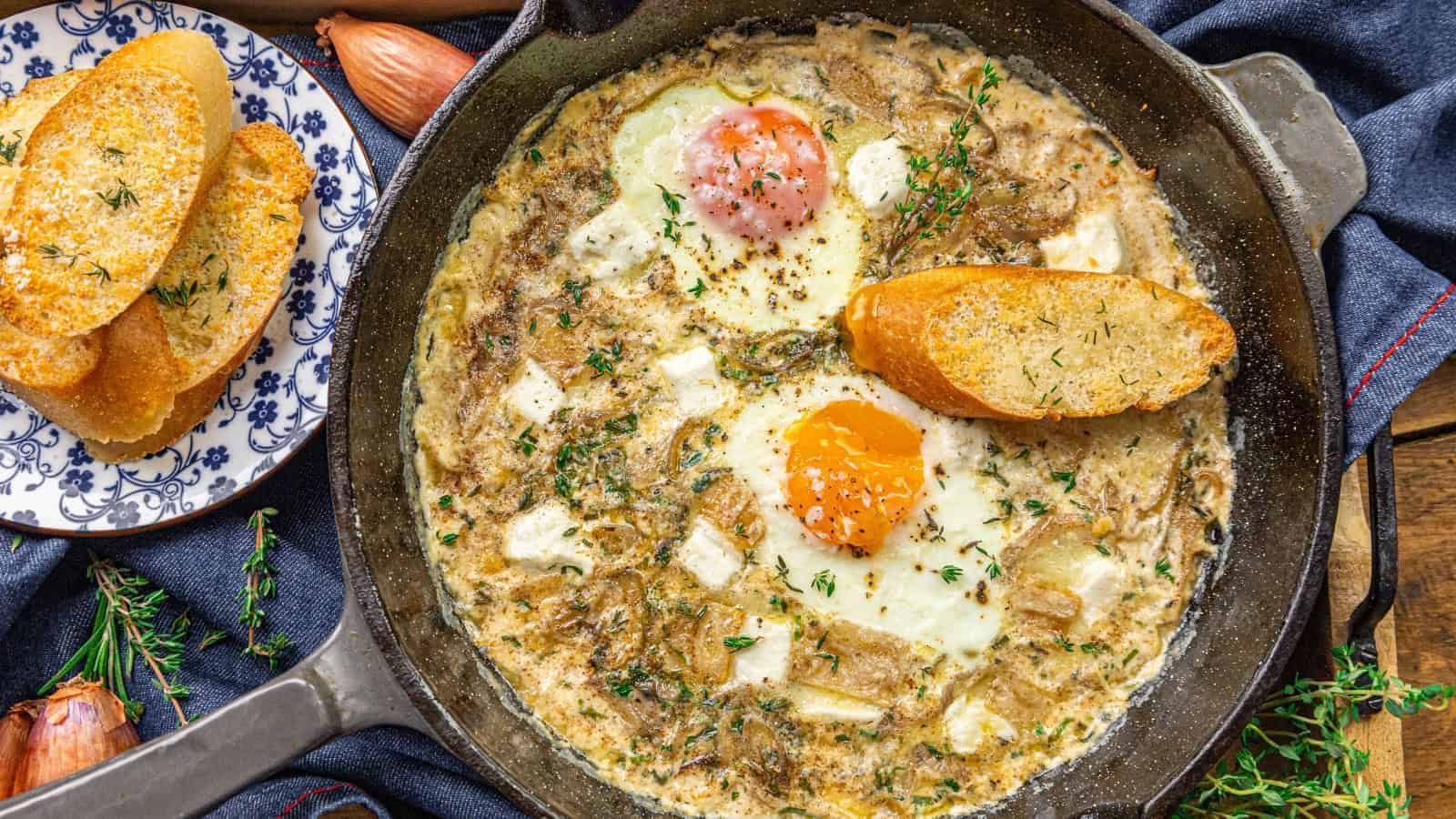 Cast iron skillet with baked eggs, creamy sauce, and herbs, topped with bread slices on a dark blue cloth. Plate with toasted bread on the side.