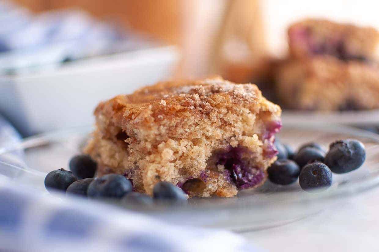 A slice of Blueberry Boy Bait, a cinnamon-sugar-topped coffee cake with a moist crumb and juicy blueberries, sits on a glass plate surrounded by fresh blueberries.