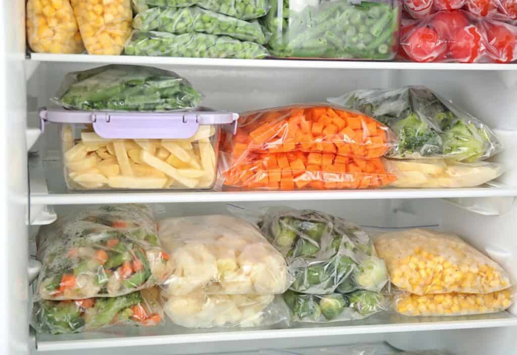 A refrigerator shelf filled with ziplock bags of frozen vegetables, including peas, carrots, corn, and mixed vegetables, organized in rows.