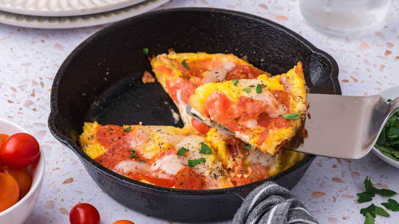 A slice of egg pizza is being lifted from a cast iron skillet, topped with pepperoni, cheese, and herbs. Nearby are cherry tomatoes and parsley.