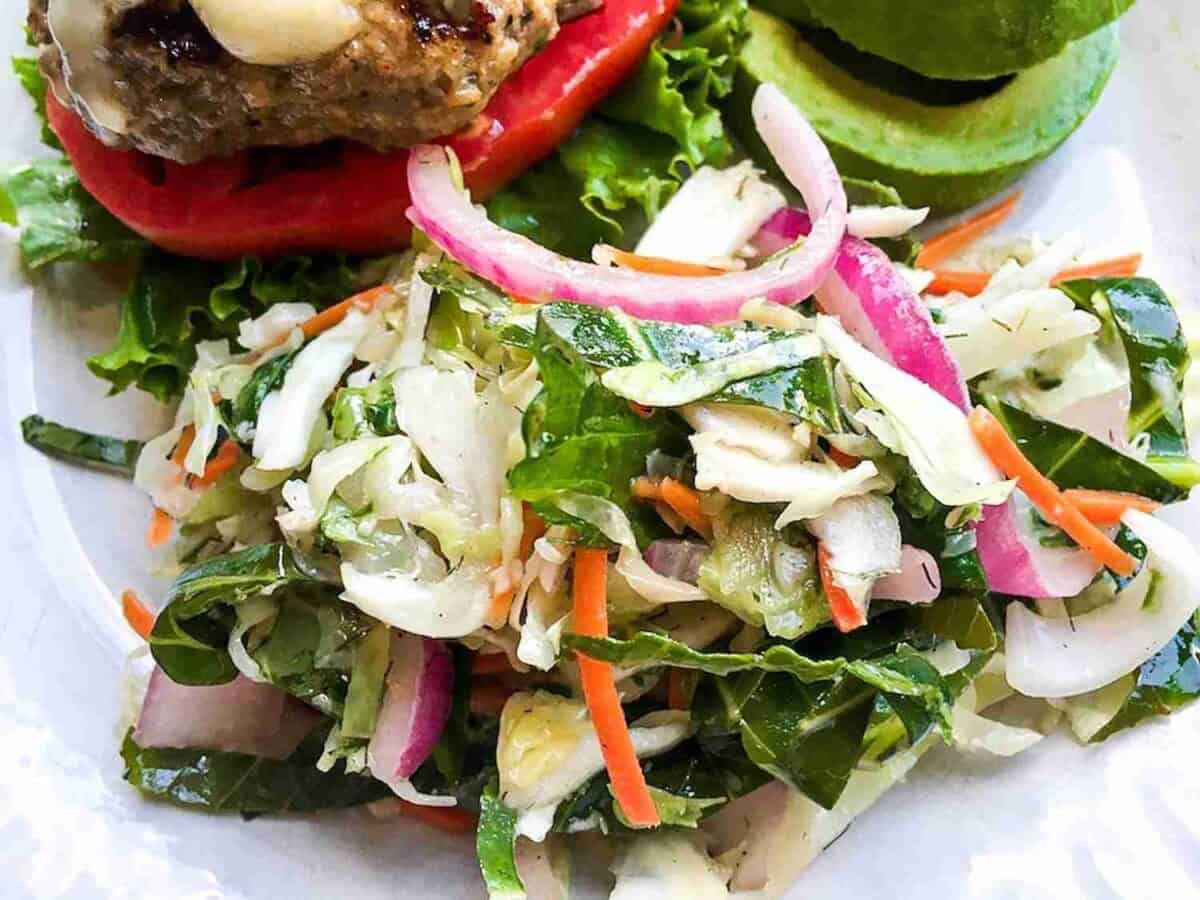 A plate of sugar-free coleslaw featuring cabbage, carrots, and red onions, with a lettuce and avocado garnish in the background.