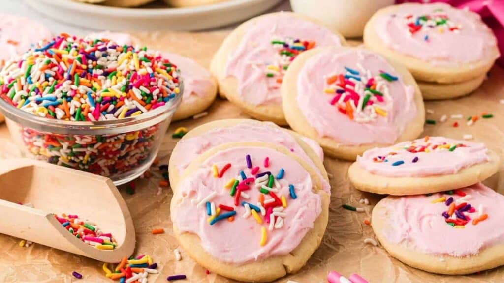 Sugar cookies with pink frosting and rainbow sprinkles are arranged on parchment paper, with a small bowl and scoop of additional sprinkles nearby.