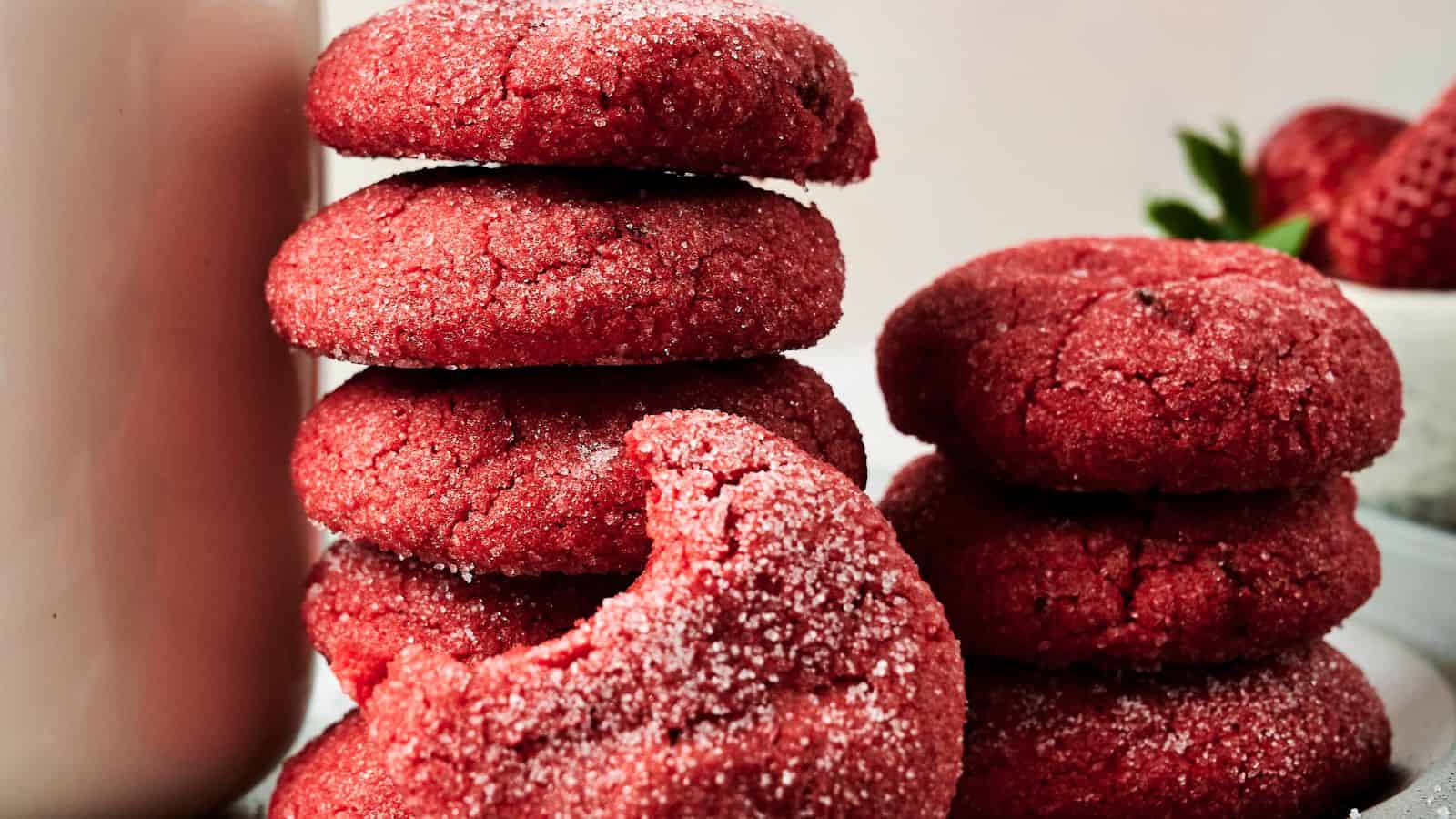 Stacks of red sugar cookies, one with a bite taken out, are arranged next to a glass of milk and whole strawberries.