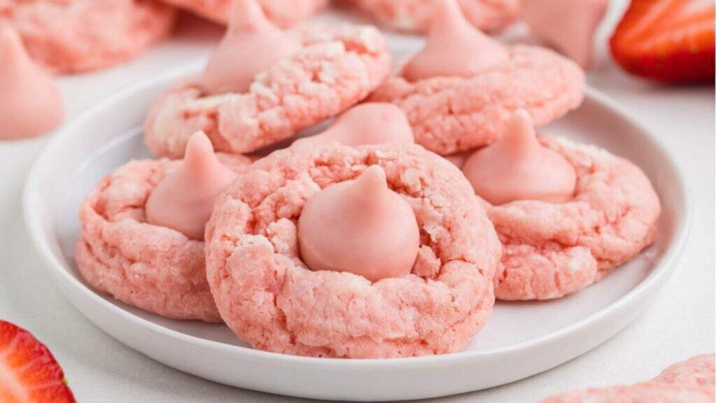 A plate of pink cookies, each topped with a pink chocolate kiss. Sliced strawberries are in the background.