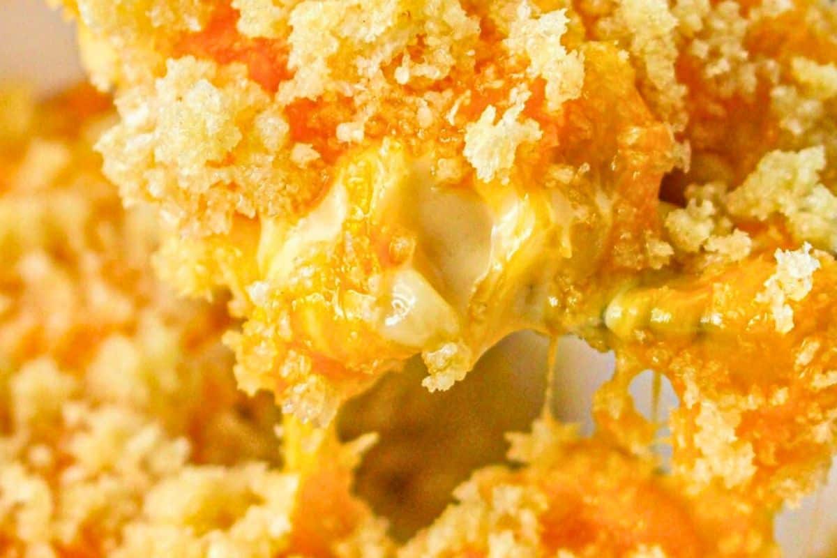 Close-up of crispy, golden breadcrumbs covering melted, gooey cheese, showing a textured and appetizing surface.