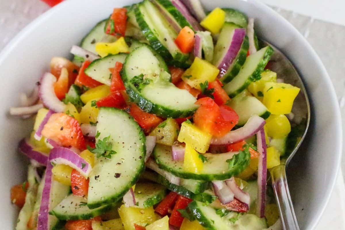 A bowl of cucumber salad with red onion, bell peppers, tomatoes, and herbs, served with a spoon.