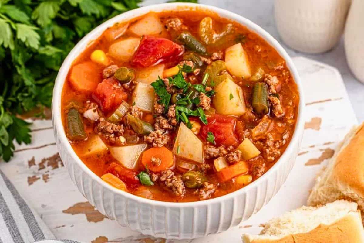 Hearty hamburger vegetable soup in a bowl