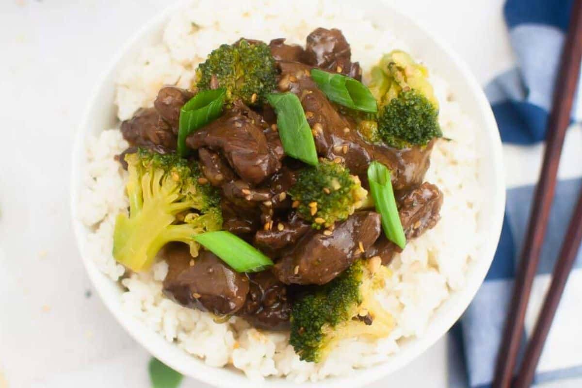 Teriyaki beef served on top of a bed of white rice.