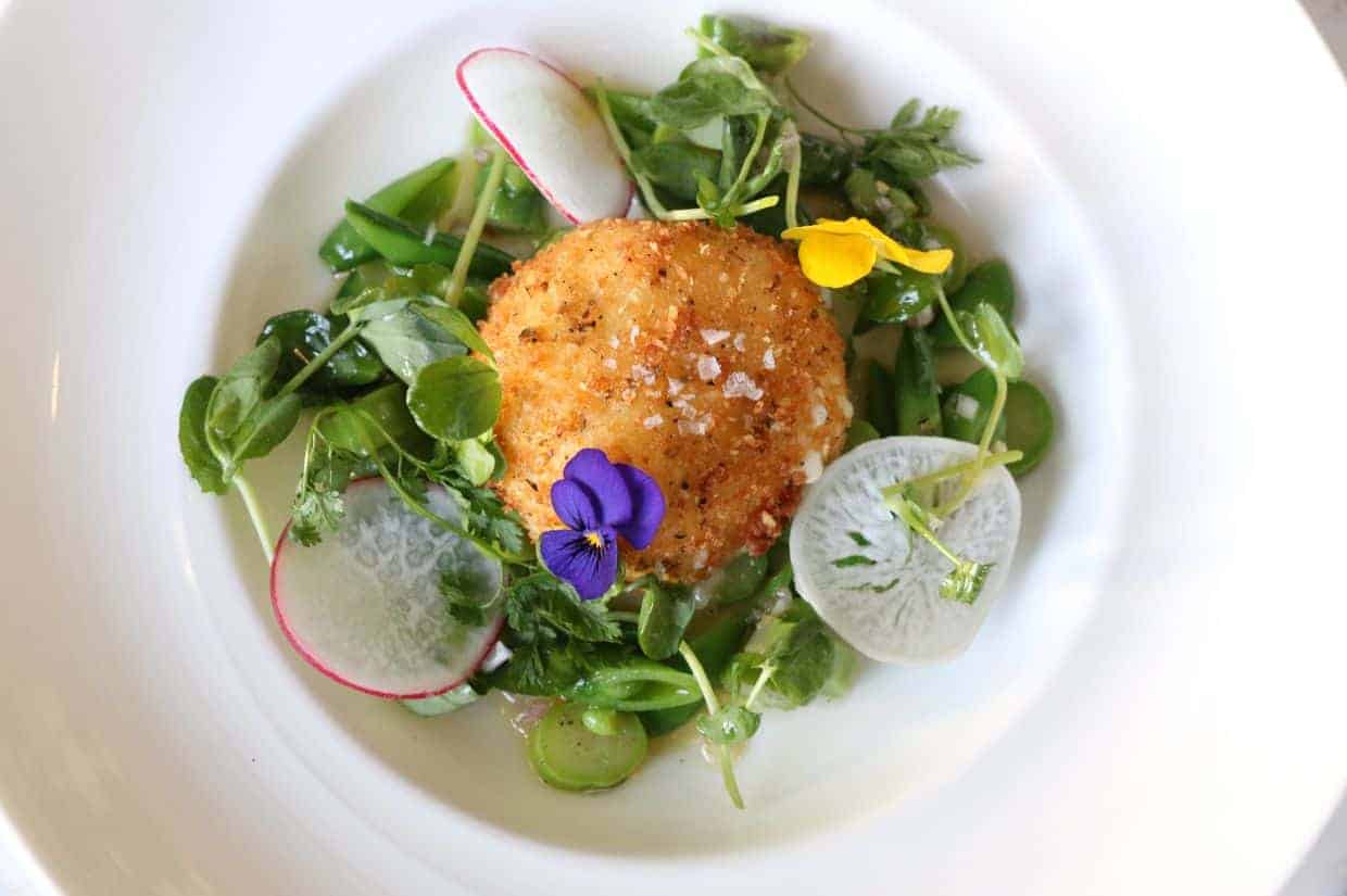 A golden, crispy fried burrata sits atop a bed of spring vegetables, including sliced radishes, snap peas, and leafy greens, garnished with edible flowers and drizzled with Meyer lemon vinaigrette.