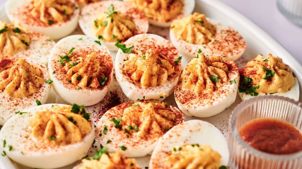 A platter of deviled eggs garnished with paprika and chopped herbs, with a small container of sauce on the side.