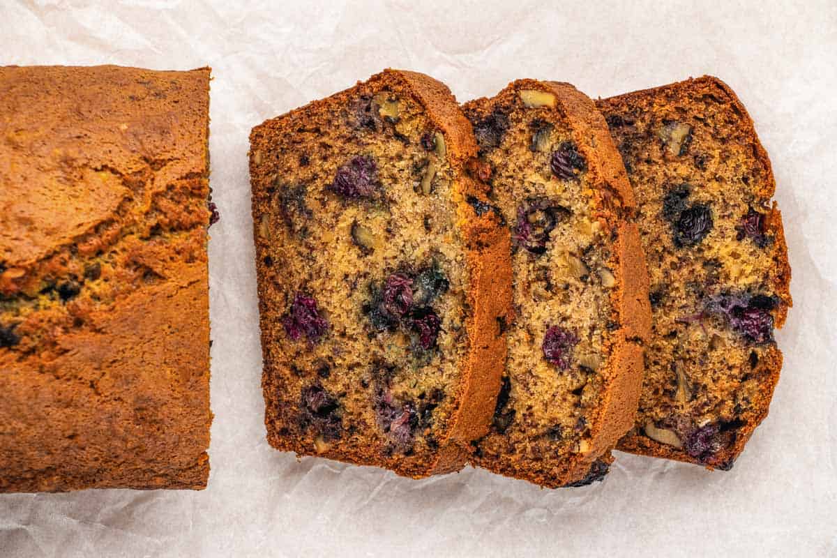 Slice blueberry banana bread from the top.
