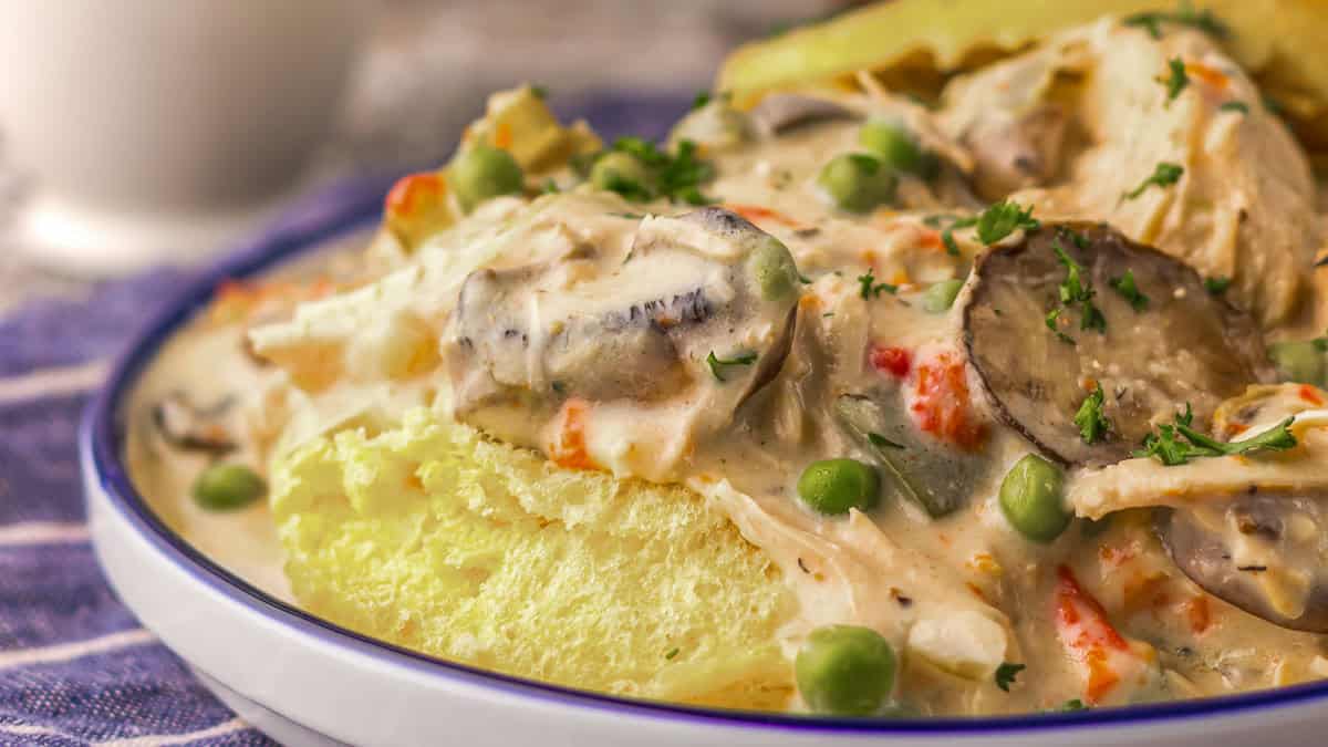 Plate of creamy chicken and vegetables in sauce served over a biscuit, garnished with chopped herbs.