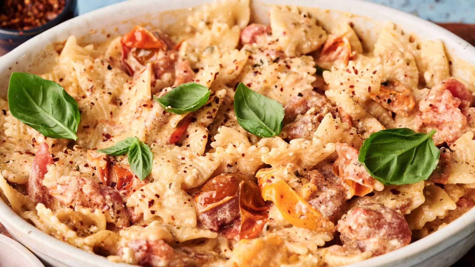 Baked bow-tie pasta with cherry tomatoes, creamy sauce, basil leaves, and red pepper flakes in a white dish.