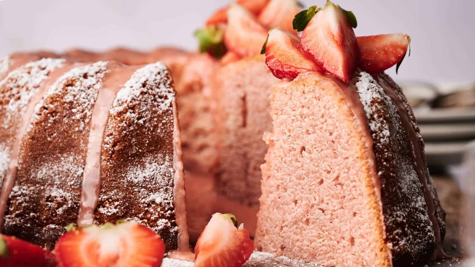 A sliced bundt cake with a pink interior, topped with powdered sugar, glaze, and fresh strawberries.