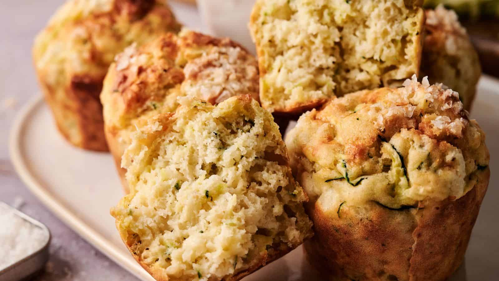 Close-up of several zucchini muffins on a plate, with one muffin split in half to show its moist, textured interior.