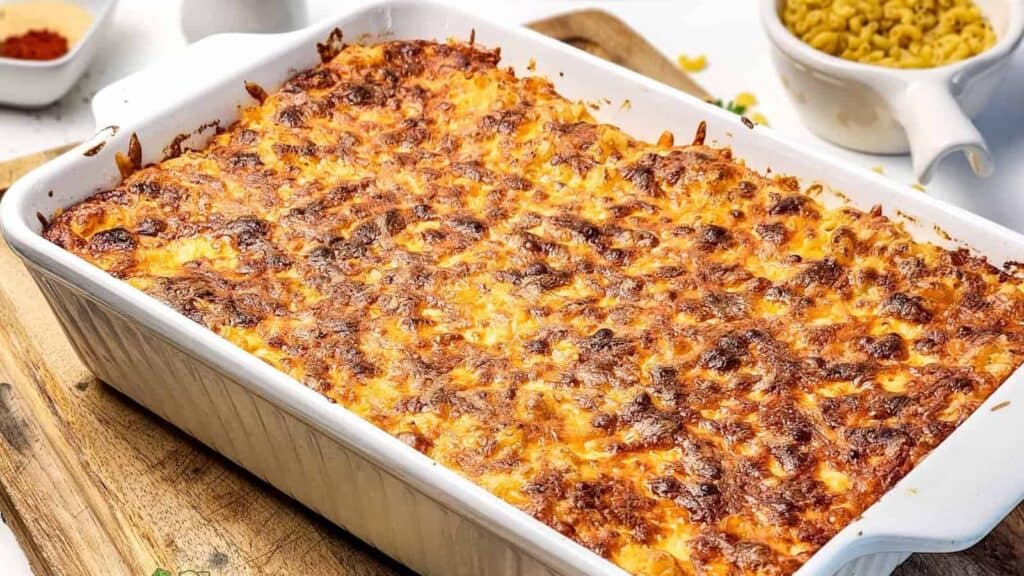 Baked four-cheese macaroni in a rectangular white casserole dish.