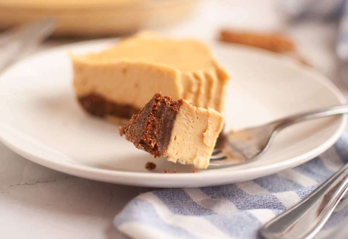 A slice of creamy dessert on a white plate, with a fork holding a bite-sized piece. The dessert has a brown crust and sits on a blue-striped cloth.