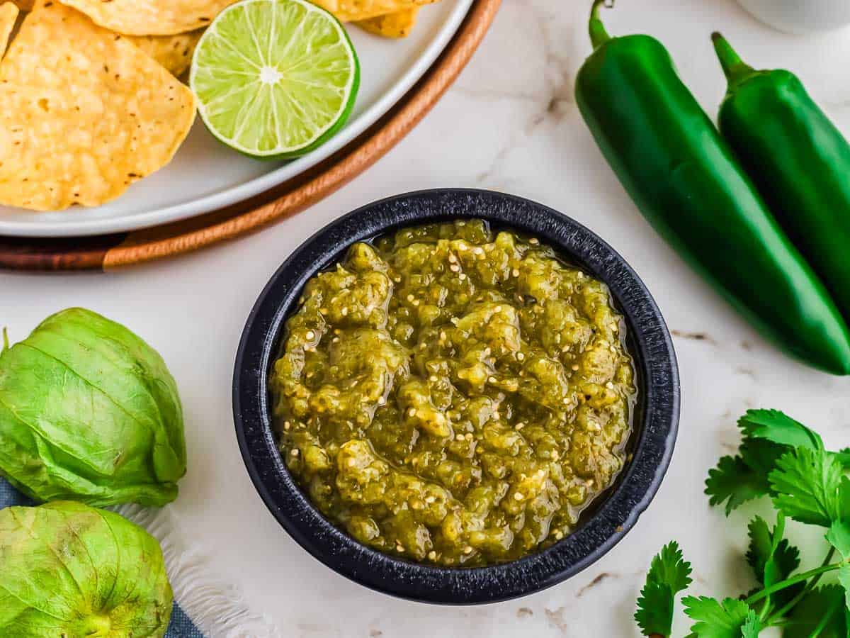 A bowl of salsa verde.