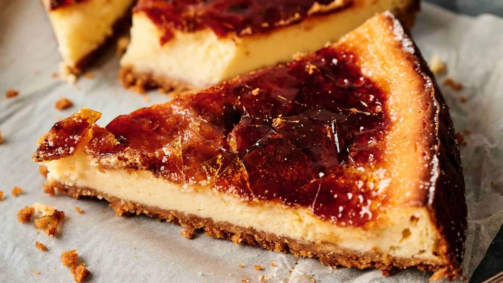 A close-up of a slice of cheesecake with a caramelized sugar topping, resting on parchment paper with a crumbly base visible.