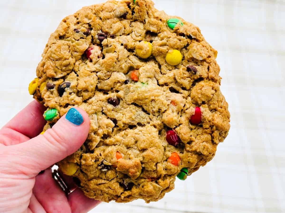 A hand holding a large oatmeal cookie with colorful candy-coated chocolate pieces against a light, plaid background.
