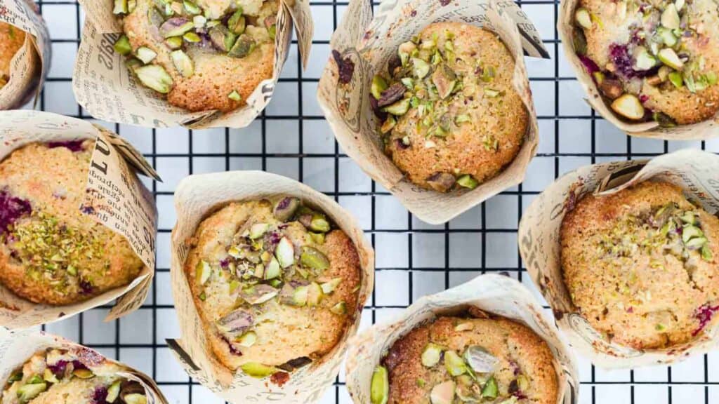 Muffins topped with chopped pistachios in printed paper wrappers are cooling on a black wire rack.