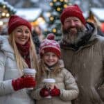 A family of three wearing winter coats and red hats stands outdoors at a festive market, holding hot drinks and smiling while snow falls around them.