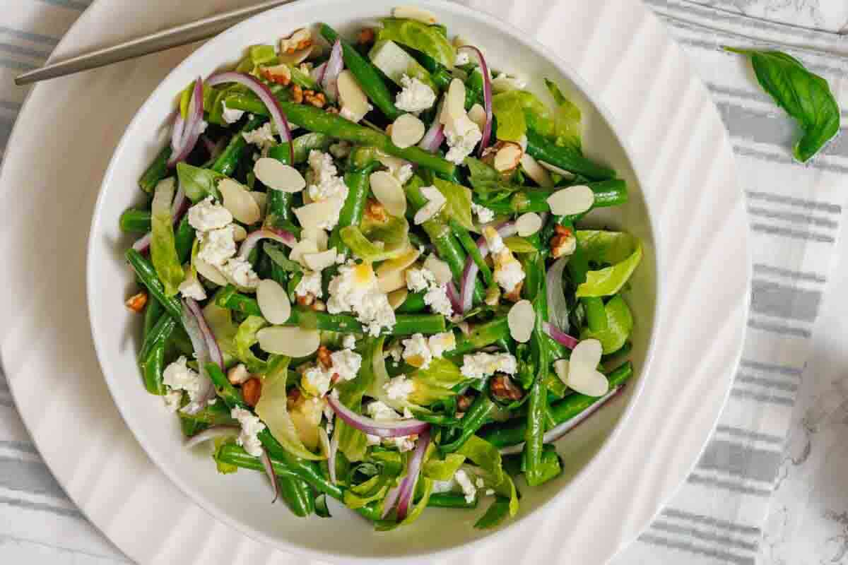 Overhead view of green bean salad served.