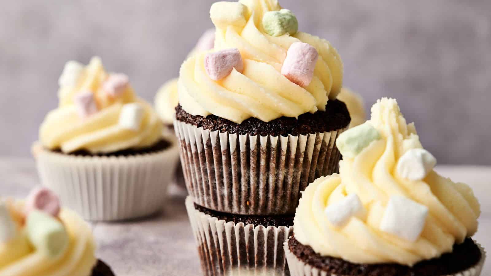 Chocolate cupcakes with white frosting and small pastel-colored marshmallows on top, arranged in a group against a neutral background.