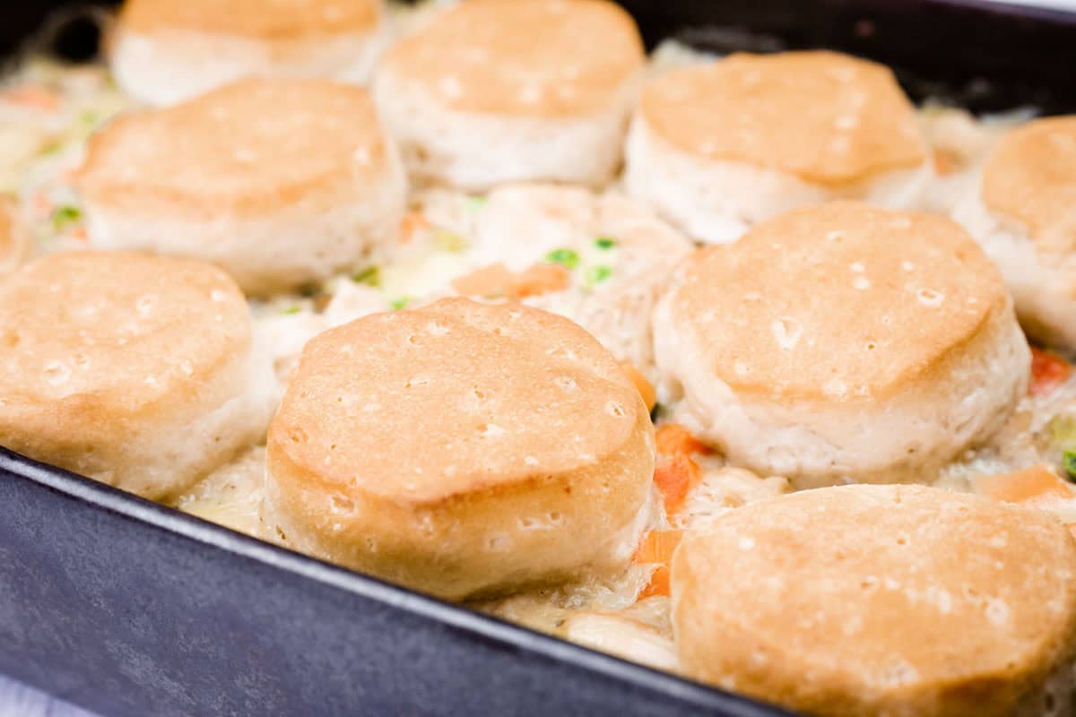 A baking dish filled with Biscuit-Topped Chicken Pot Pie.