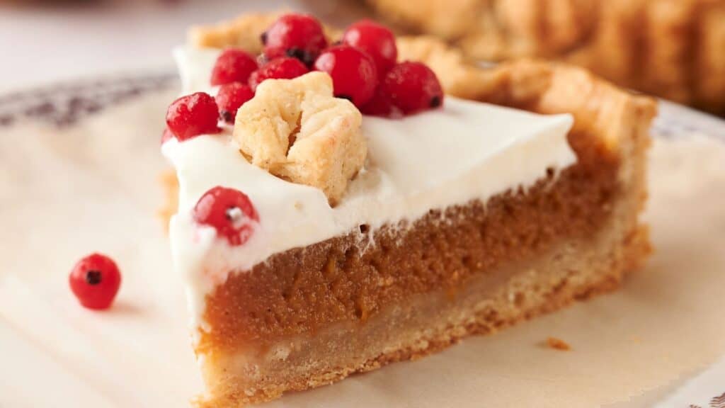 A slice of pie with a creamy white topping, garnished with small red berries and a piece of crumbly crust, on a plate.