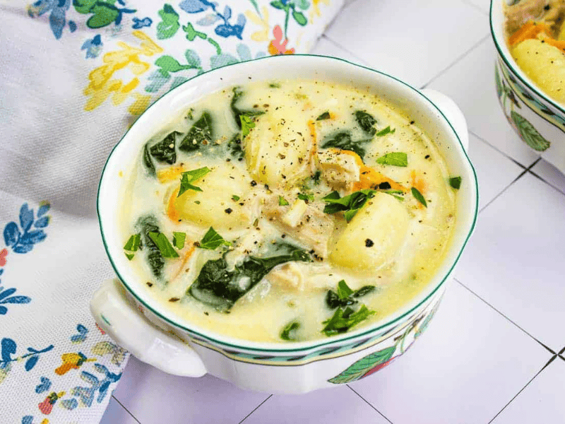 Two Chicken Gnocchi Soup copycat soup recipes on a table.