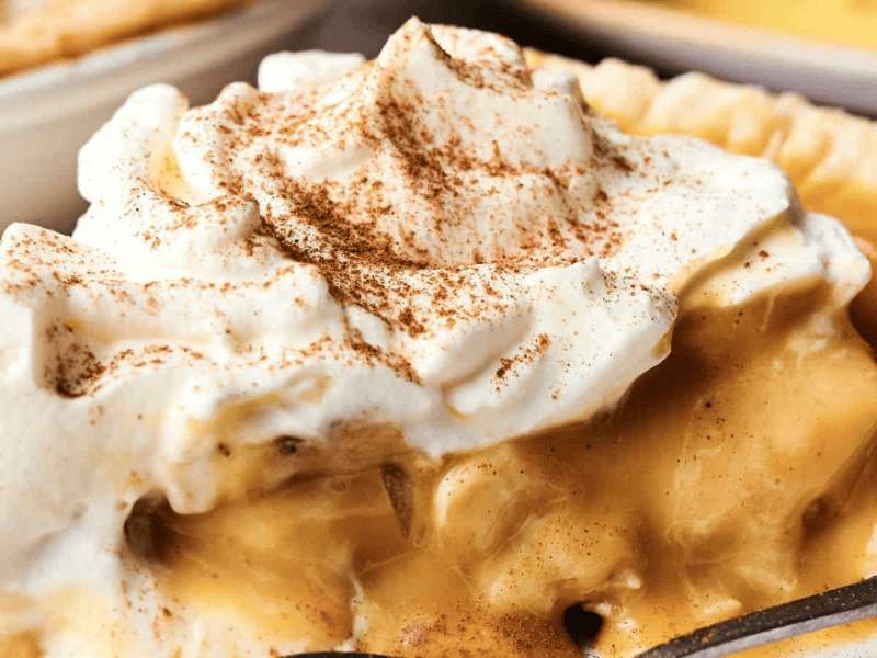 A slice of creamy pie topped with whipped cream and a sprinkle of cinnamon.