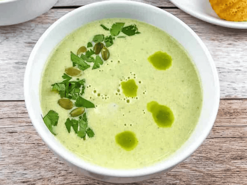 Cream of Jalapeno Soup in a white bowl.