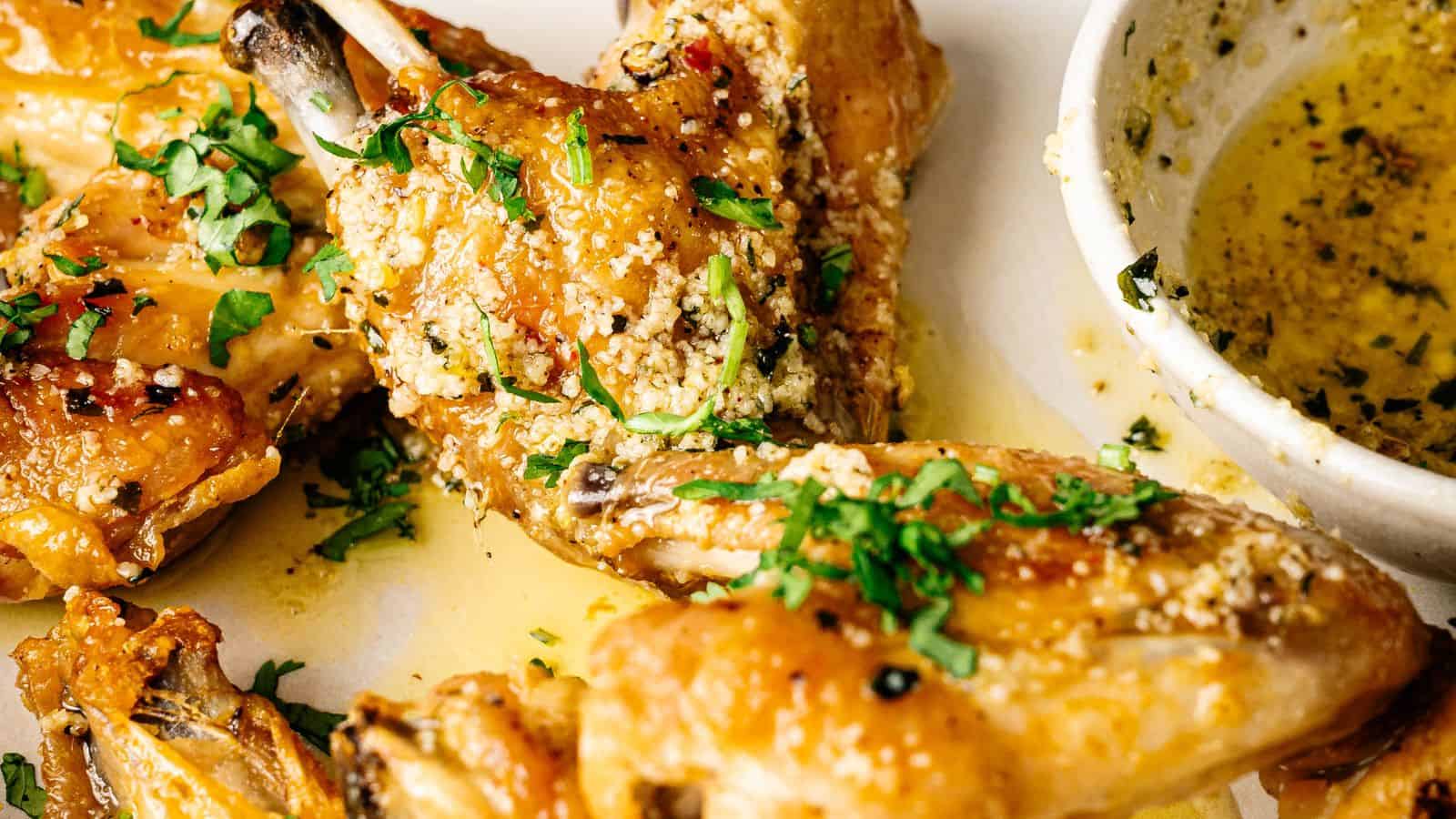 Close-up of baked chicken wings garnished with chopped parsley and grated cheese, served with a small bowl of herb and oil dipping sauce on the side.