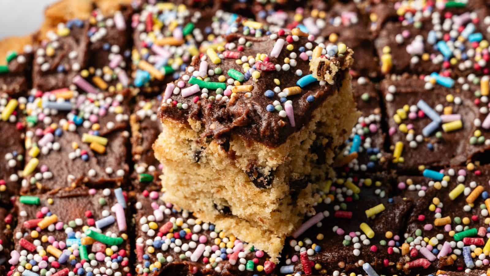 A tray of chocolate-frosted cake squares with colorful sprinkles, featuring one piece slightly raised above the rest.